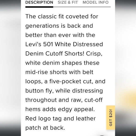 NWT LEVIS FOR ANTHROPOLOGIE WHITE 501 DISTRESSED HI RISE BUTTON FLY SHORTS - Picture 5 of 12